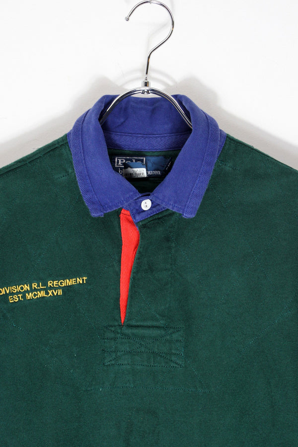 90'S L/S RUGBY SHIRT / GREEN/NAVY [SIZE: L USED]