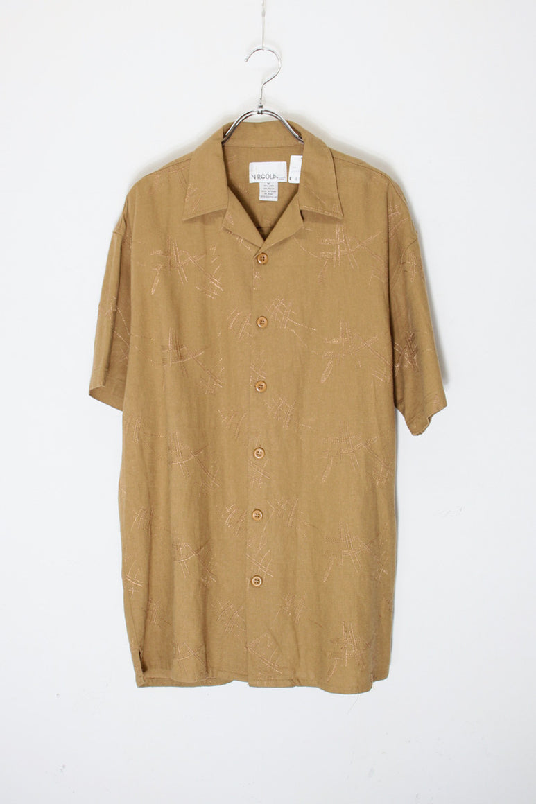 90'S S/S LINEN RAYON PATTERN SHIRT / CAMEL [SIZE: M USED]