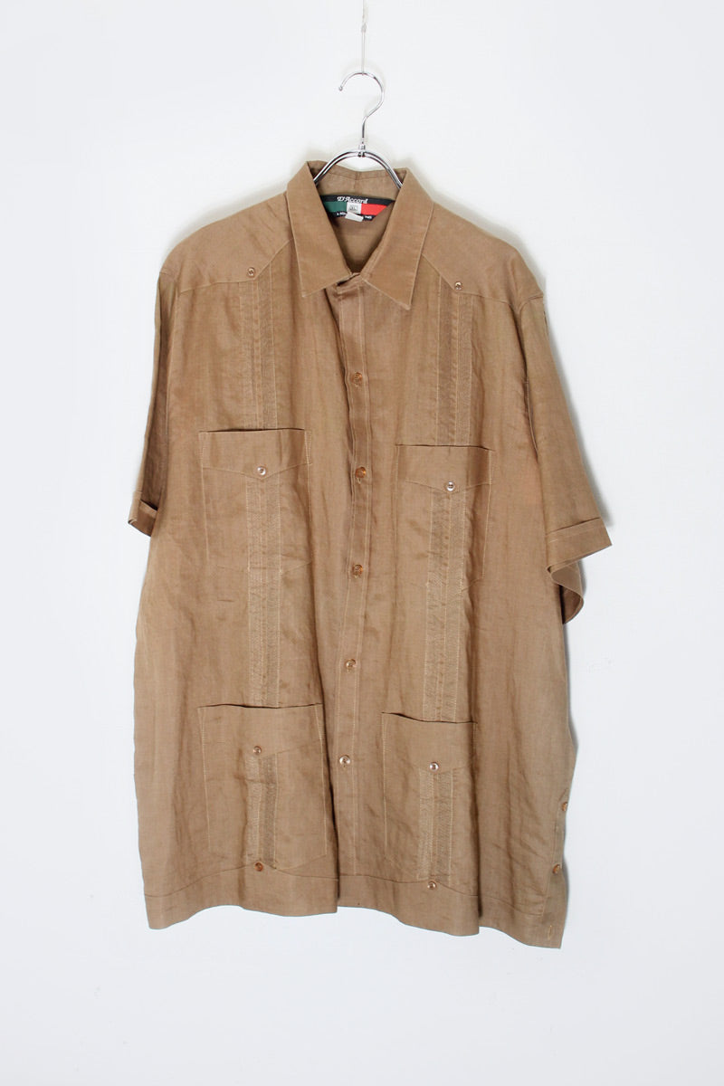 MADE IN MEXICO 90'S S/S LINEN CUBA SHIRT / BROWN [SIZE: XL USED]