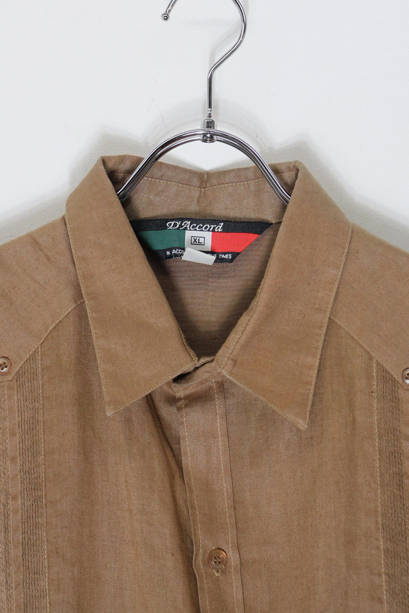 MADE IN MEXICO 90'S S/S LINEN CUBA SHIRT / BROWN [SIZE: XL USED]
