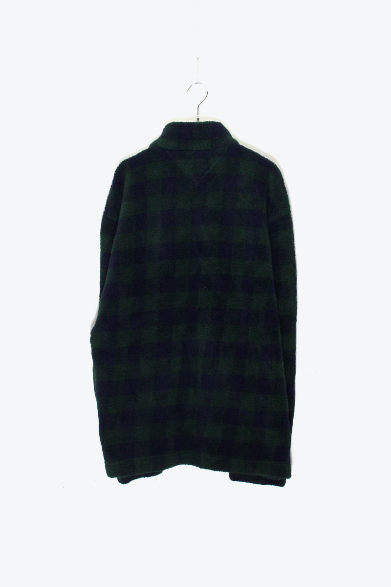 90'S PULLOVER CHECK FLEECE JACKET / GREEN / NAVY［ SIZE: XL USED ]