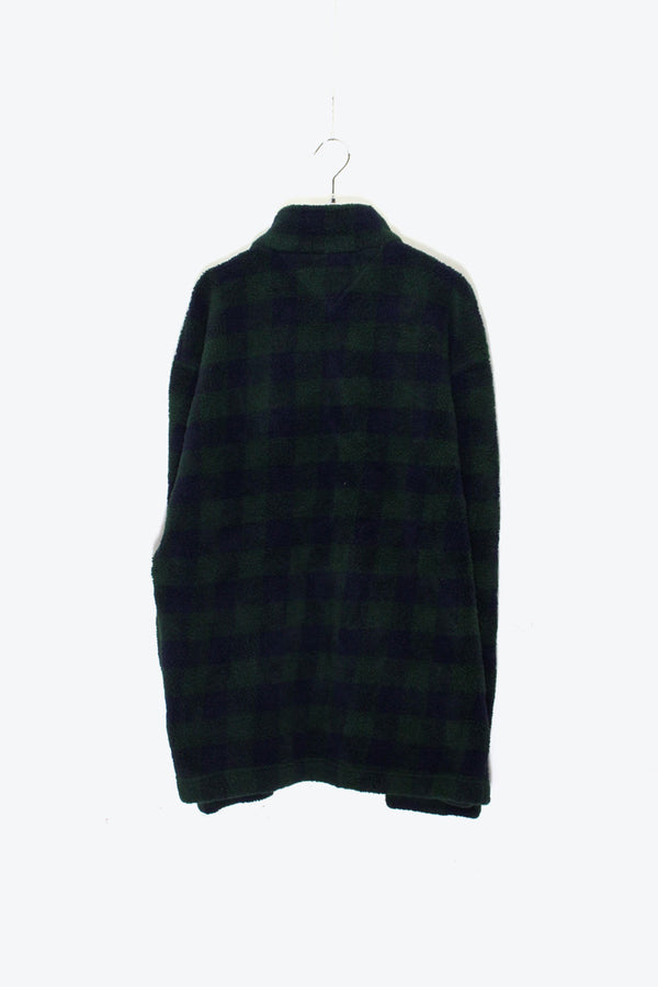 90'S PULLOVER CHECK FLEECE JACKET / GREEN / NAVY［ SIZE: XL USED ]