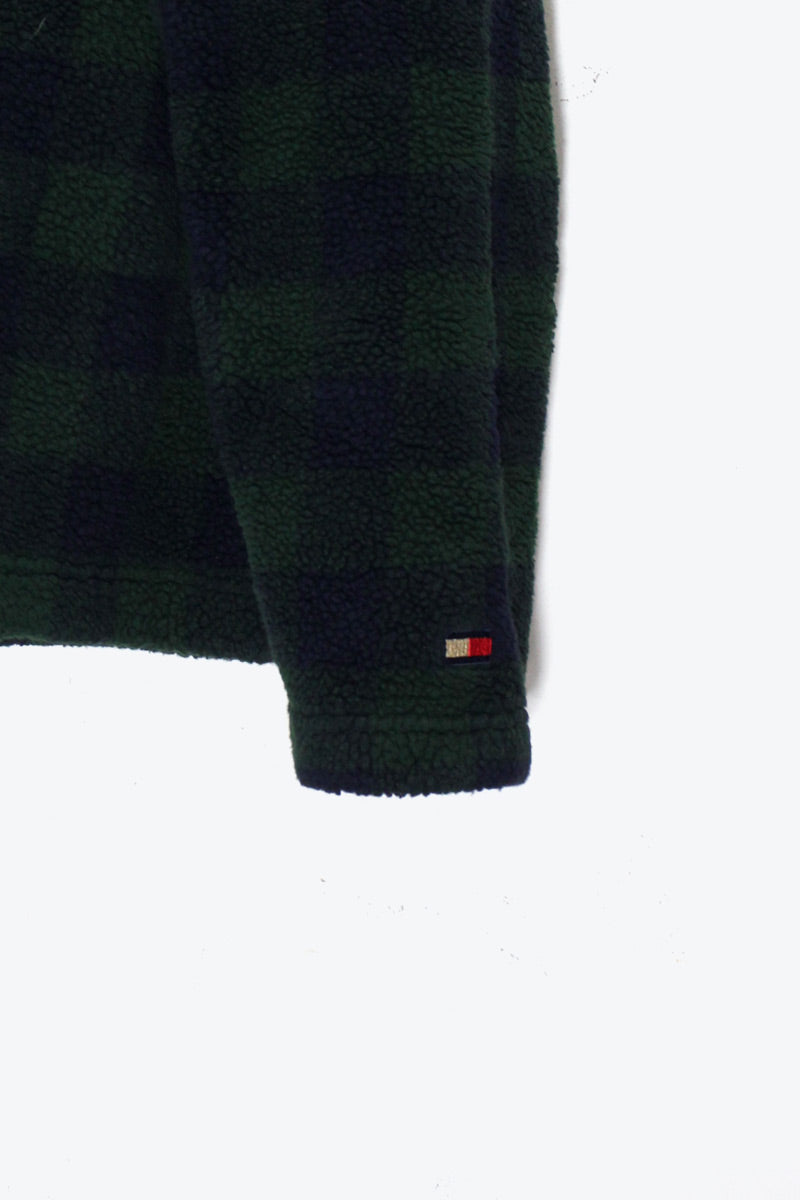 90'S PULLOVER CHECK FLEECE JACKET / GREEN / NAVY［ SIZE: XL USED ]