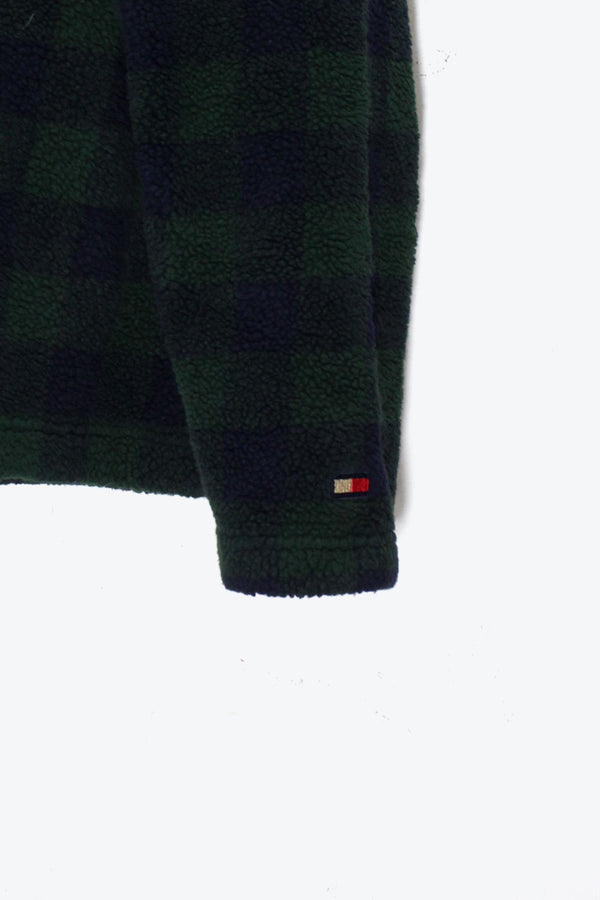 90'S PULLOVER CHECK FLEECE JACKET / GREEN / NAVY［ SIZE: XL USED ]