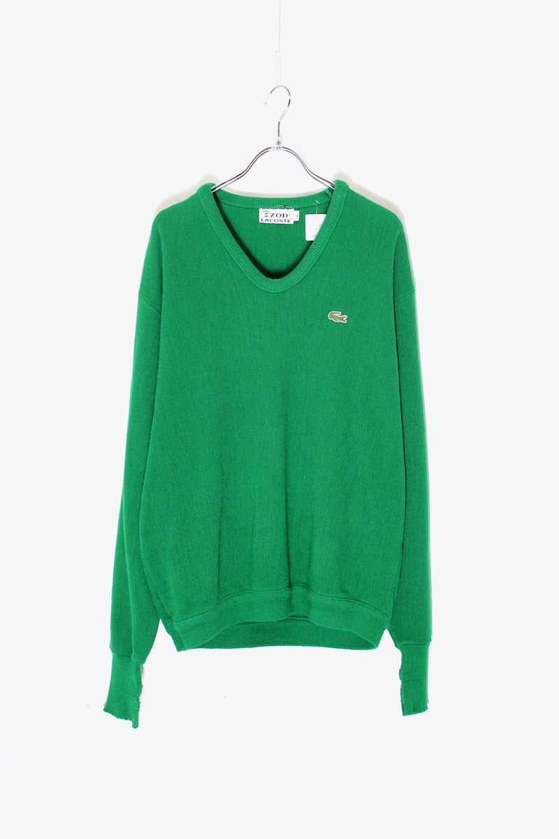 MADE IN USA 70'S V-NECK ACRYLIC KNIT SWEATER / GREEN [SIZE: XL USED]