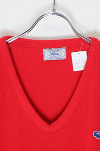 MADE IN USA 70-80'S V-NECK ACRYLIC KNIT SWEATER / RED [SIZE: XL USED]