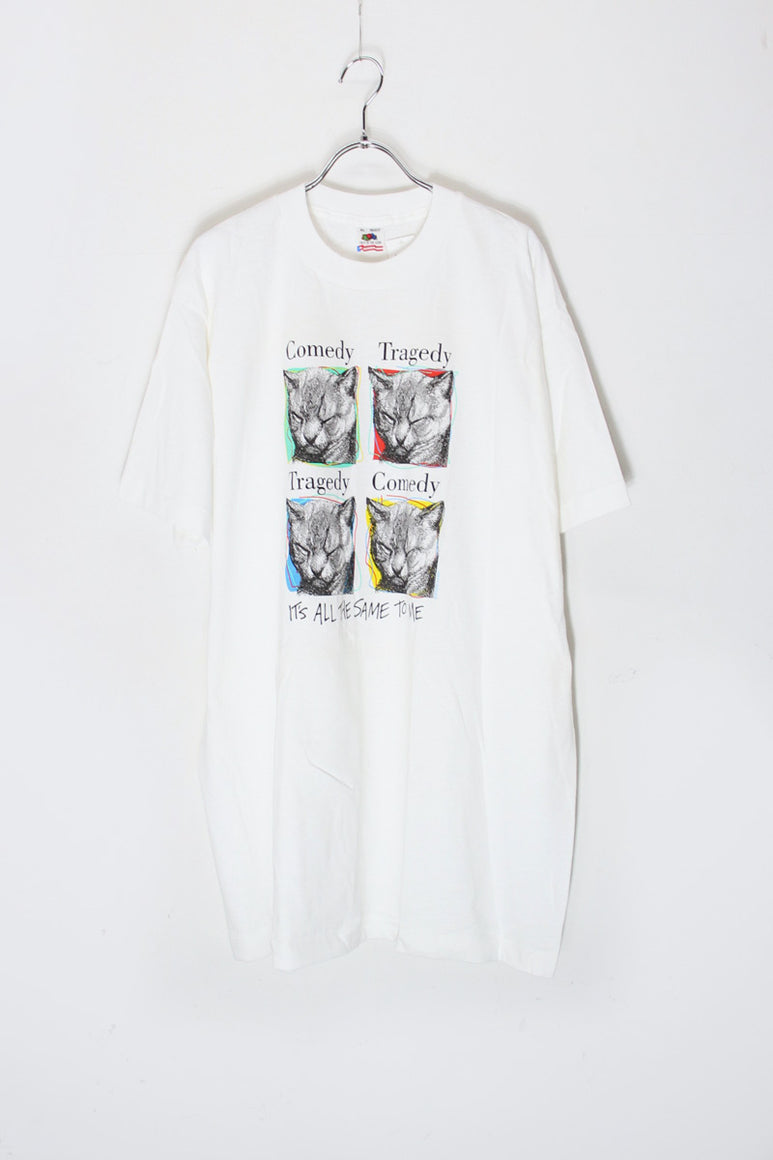 MADE IN USA 90'S S/S COMEDY TRAGEDY CAT PRINT ANIMAL T-SHIRT / WHITE [SIZE: XL DEADSTOCK/NOS]