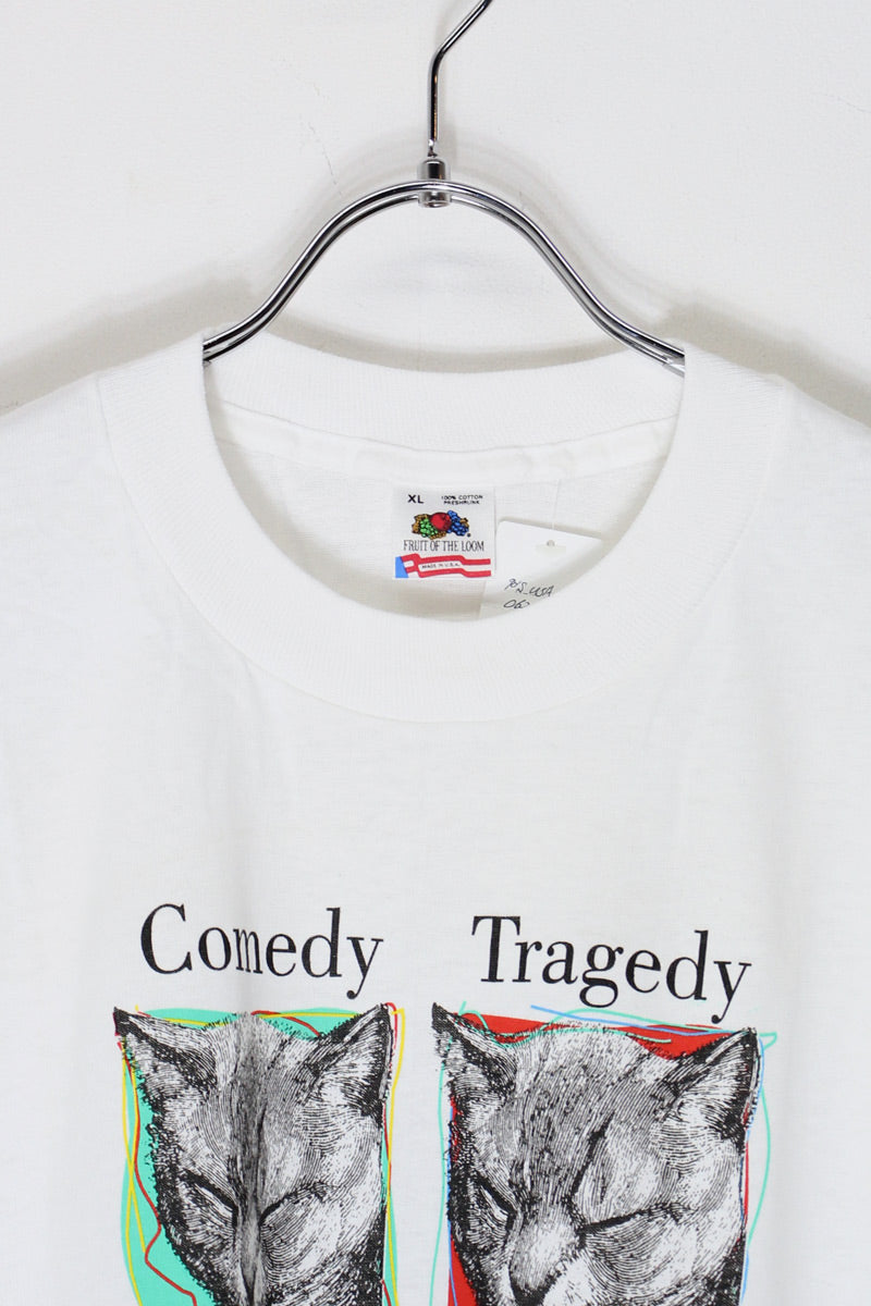 MADE IN USA 90'S S/S COMEDY TRAGEDY CAT PRINT ANIMAL T-SHIRT / WHITE [SIZE: XL DEADSTOCK/NOS]
