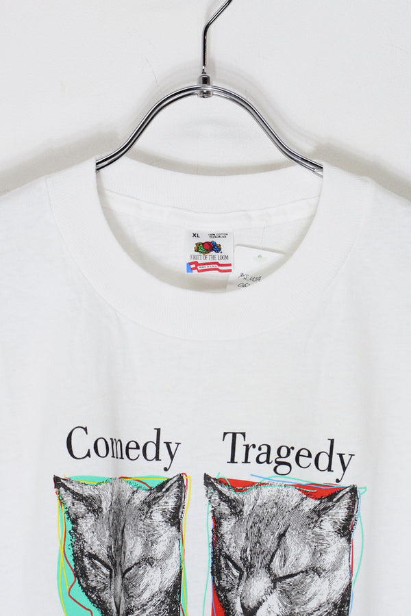 MADE IN USA 90'S S/S COMEDY TRAGEDY CAT PRINT ANIMAL T-SHIRT / WHITE [SIZE: XL DEADSTOCK/NOS]