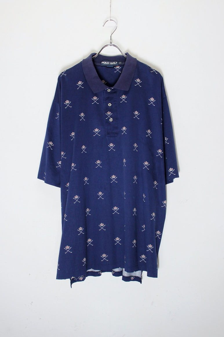 90'S S/S PATTERN POLO SHIRT / NAVY [SIZE: XXL USED]
