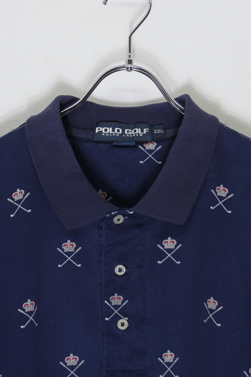 90'S S/S PATTERN POLO SHIRT / NAVY [SIZE: XXL USED]