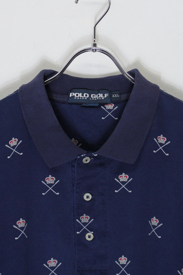 90'S S/S PATTERN POLO SHIRT / NAVY [SIZE: XXL USED]