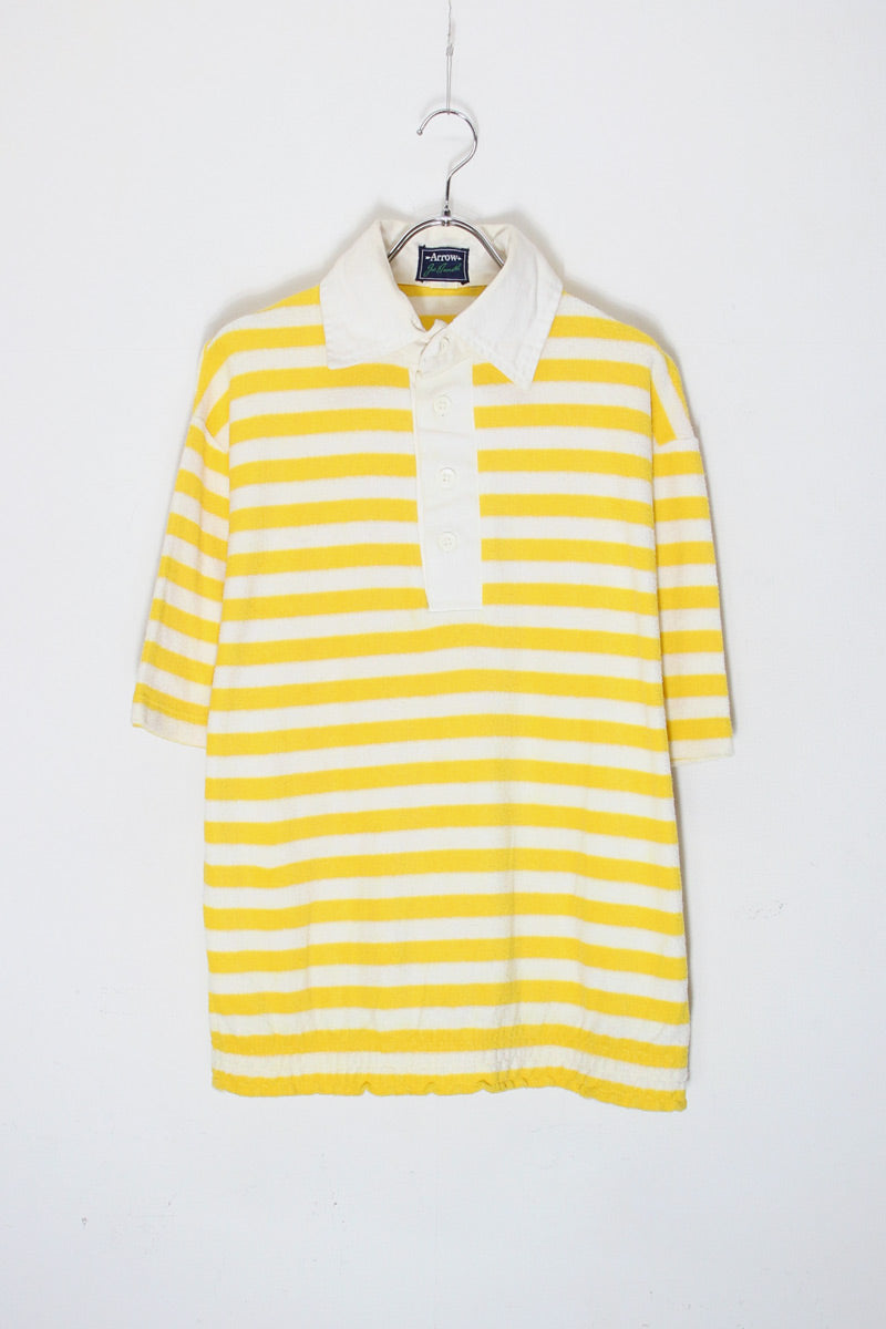 70s Short-Sleeve Border Pile Polo Shirt / Yellow/White [SIZE: L USED]