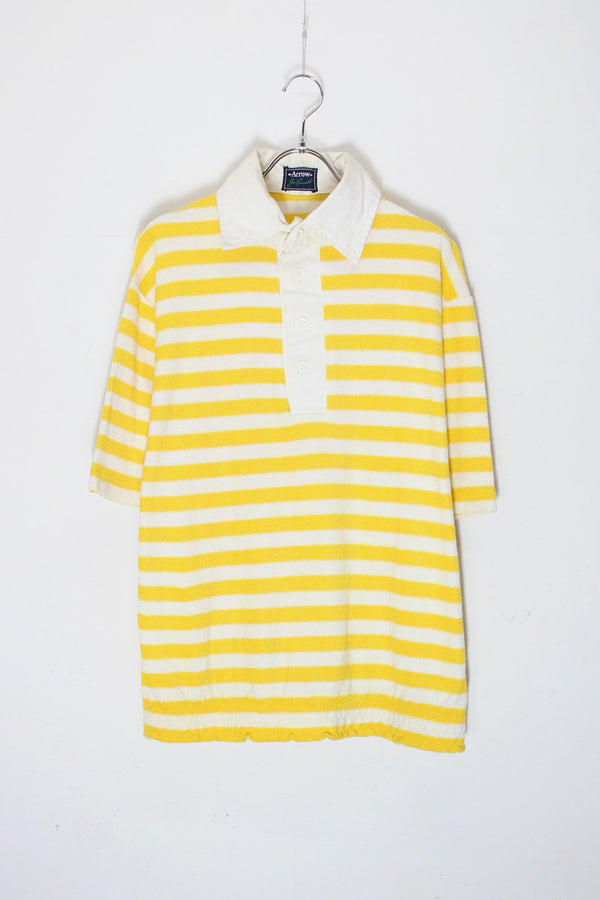 70s Short-Sleeve Border Pile Polo Shirt / Yellow/White [SIZE: L USED]
