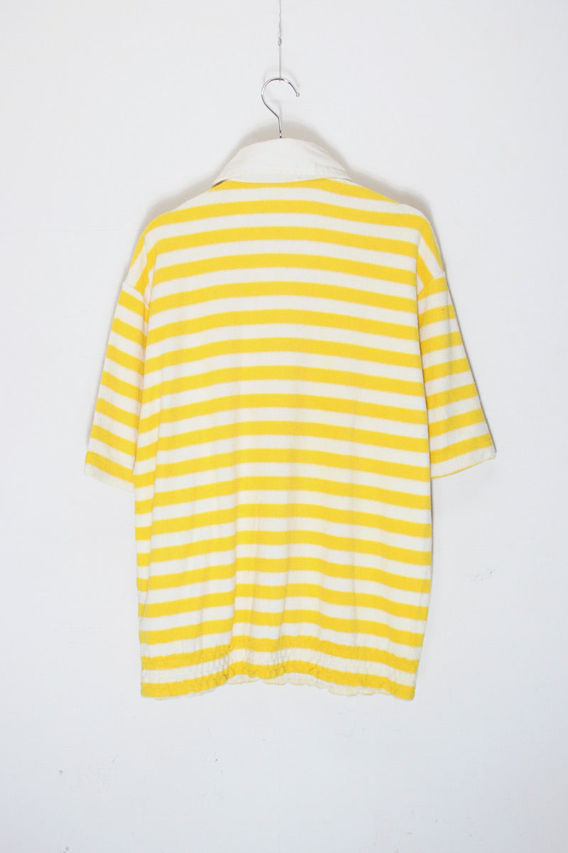 70s Short-Sleeve Border Pile Polo Shirt / Yellow/White [SIZE: L USED]