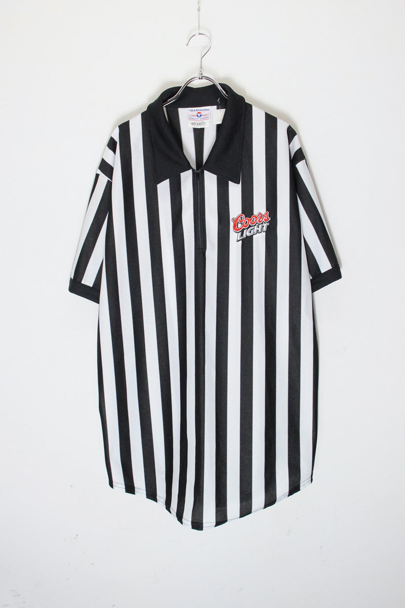MADE IN USA 90'S S/S COORS LIGHT REFEREE HALF ZIP STRIPE SHIRT / BLACK/WHITE [SIZE: XL USED]