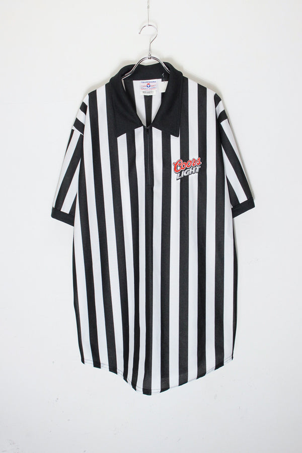 MADE IN USA 90'S S/S COORS LIGHT REFEREE HALF ZIP STRIPE SHIRT / BLACK/WHITE [SIZE: XL USED]