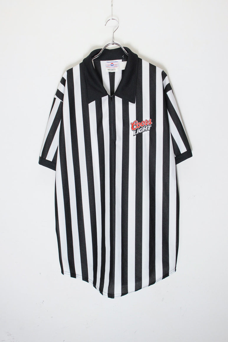 MADE IN USA 90'S S/S COORS LIGHT REFEREE HALF ZIP STRIPE SHIRT / BLACK/WHITE [SIZE: XL USED]