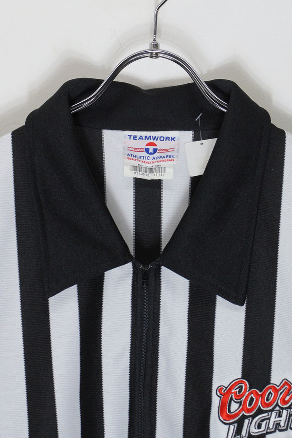 MADE IN USA 90'S S/S COORS LIGHT REFEREE HALF ZIP STRIPE SHIRT / BLACK/WHITE [SIZE: XL USED]