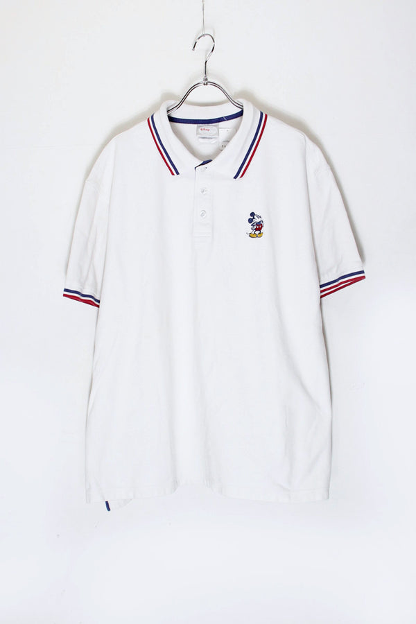 S/S MICKEY EMBROIDERY RIB LINE CHARACTER POLO SHIRT / WHITE [SIZE: XXL USED]
