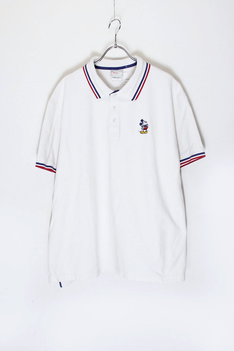 S/S MICKEY EMBROIDERY RIB LINE CHARACTER POLO SHIRT / WHITE [SIZE: XXL USED]