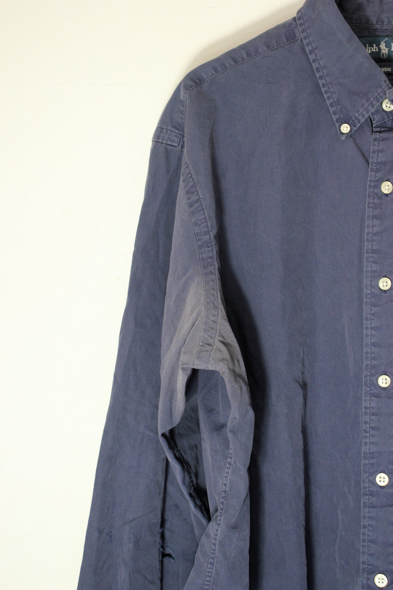 90'S L/S ONE POINT SHIRT / NAVY [SIZE: L USED]