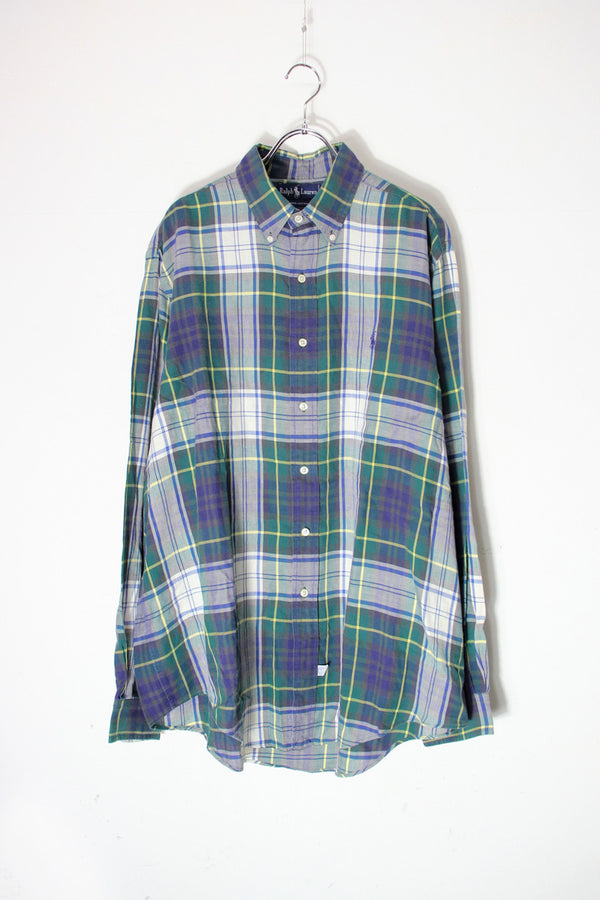 90'S L/S BD ONE POINT CHECK SHIRT / GREEN/WHITE [SIZE: XL USED]