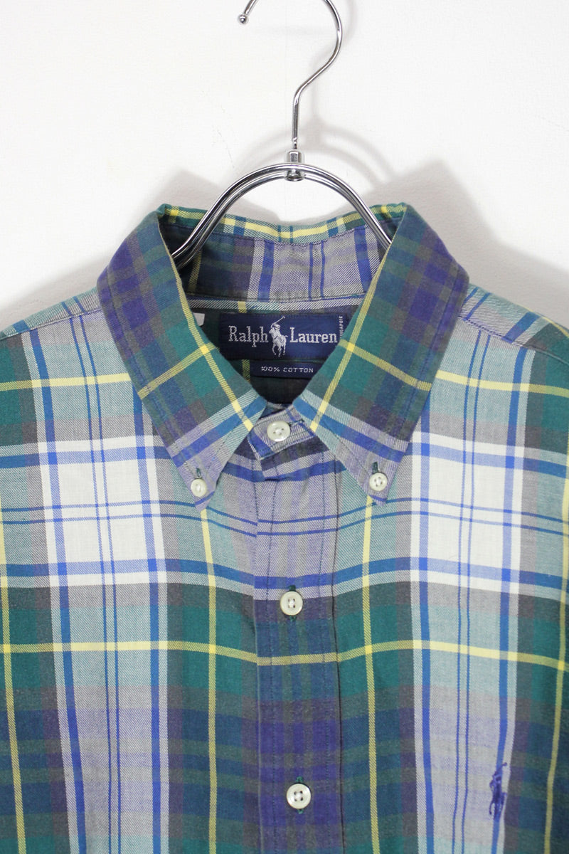 90'S L/S BD ONE POINT CHECK SHIRT / GREEN/WHITE [SIZE: XL USED]