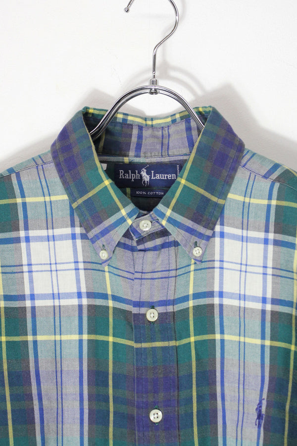 90'S L/S BD ONE POINT CHECK SHIRT / GREEN/WHITE [SIZE: XL USED]