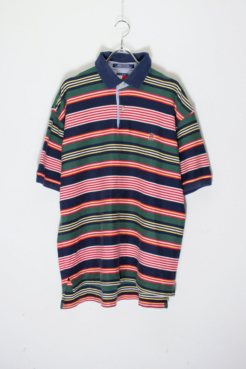 90'S S/S BORDER POLO SHIRT / NAVY/RED [SIZE: L USED]