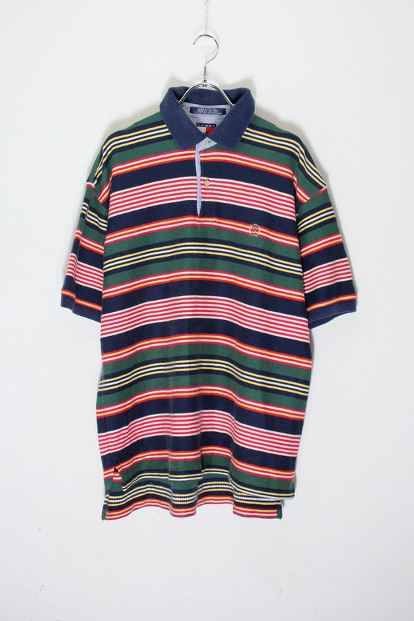 90'S S/S BORDER POLO SHIRT / NAVY/RED [SIZE: L USED]
