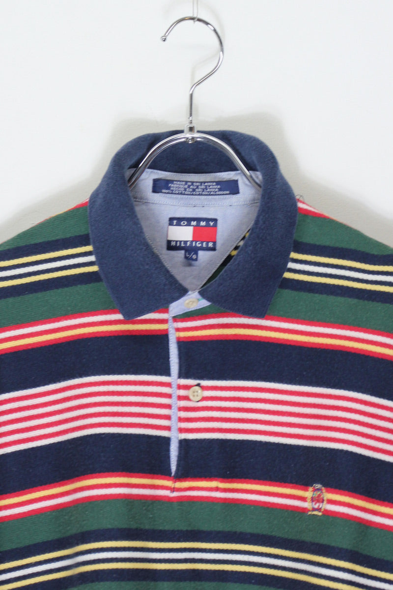 90'S S/S BORDER POLO SHIRT / NAVY/RED [SIZE: L USED]