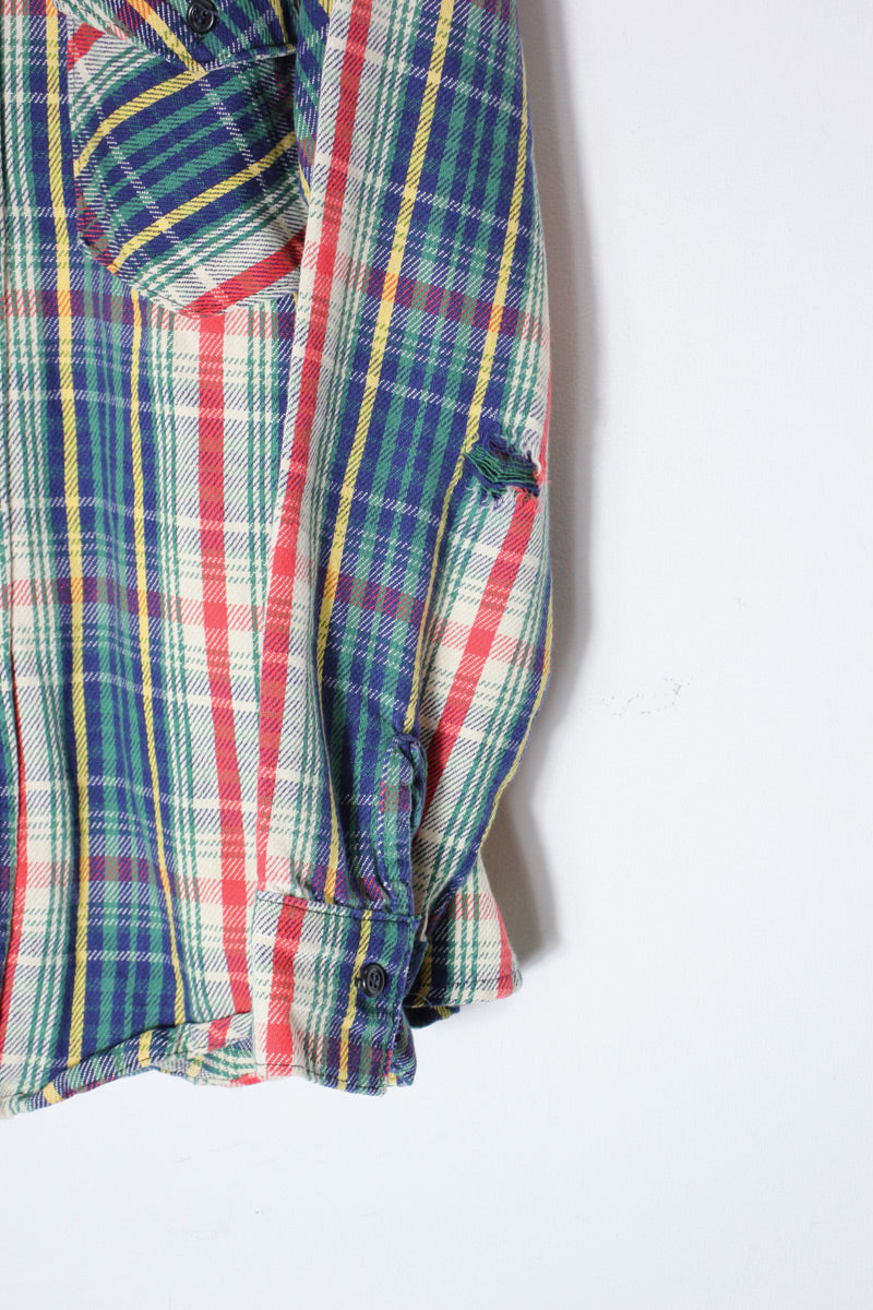 MADE IN USA 80'S L/S CHECK SHIRT / NAVY/WHITE [SIZE: M USED]