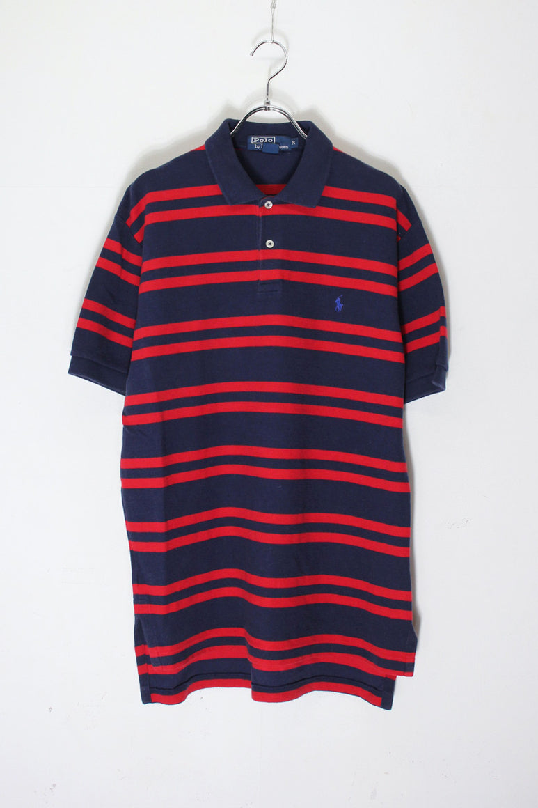 MADE IN USA 90'S S/S BORDER POLO SHIRT / NAVY/RED [SIZE: M USED]