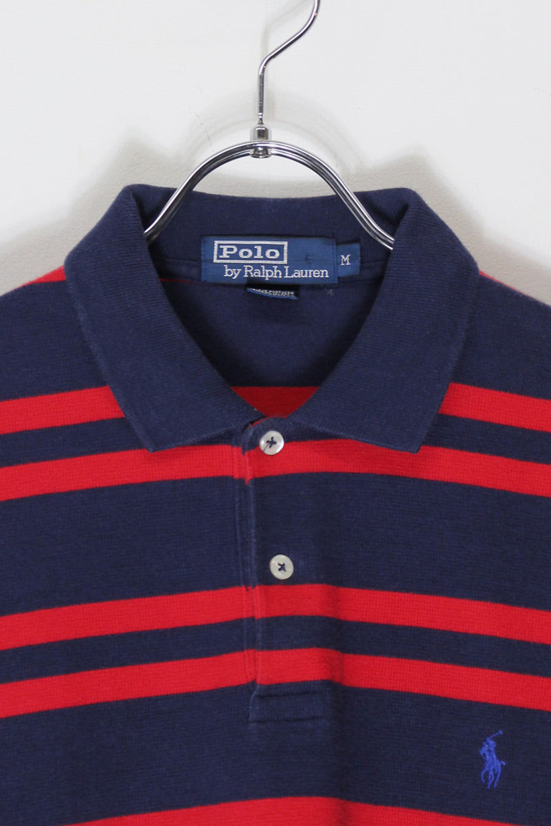 MADE IN USA 90'S S/S BORDER POLO SHIRT / NAVY/RED [SIZE: M USED]