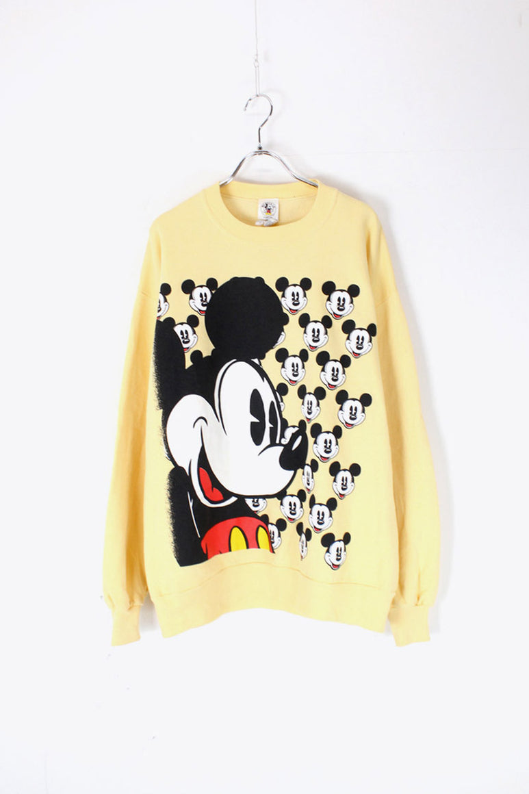 MADE IN USA 90'S MICKEY PRINT SWEAT SHIRT / LIGHT YELLOW [SIZE: L USED]