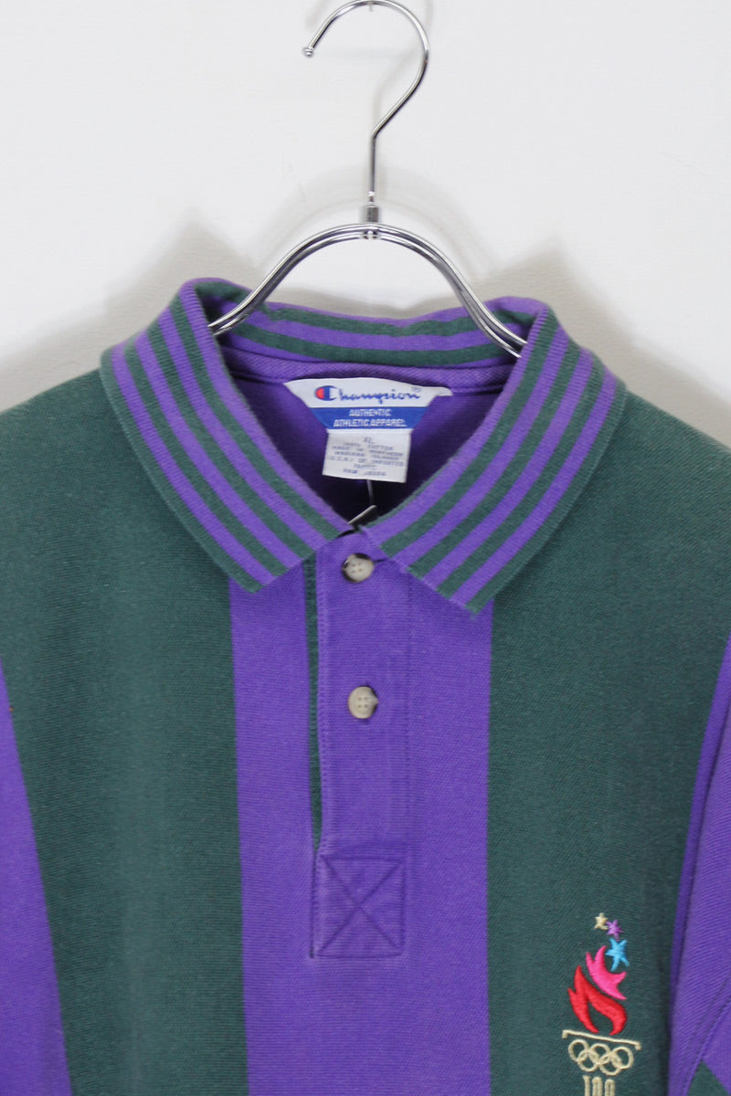 96'S S/S STRIPE POLO SHIRT ATLANTA1996 / GREEN/PURPLE [SIZE: XL USED]