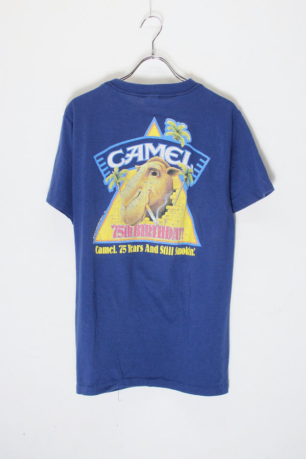MADE IN USA 80'S CAMEL BACK PRINT ADVERTISING T-SHIRT / NAVY [SIZE: L USED]