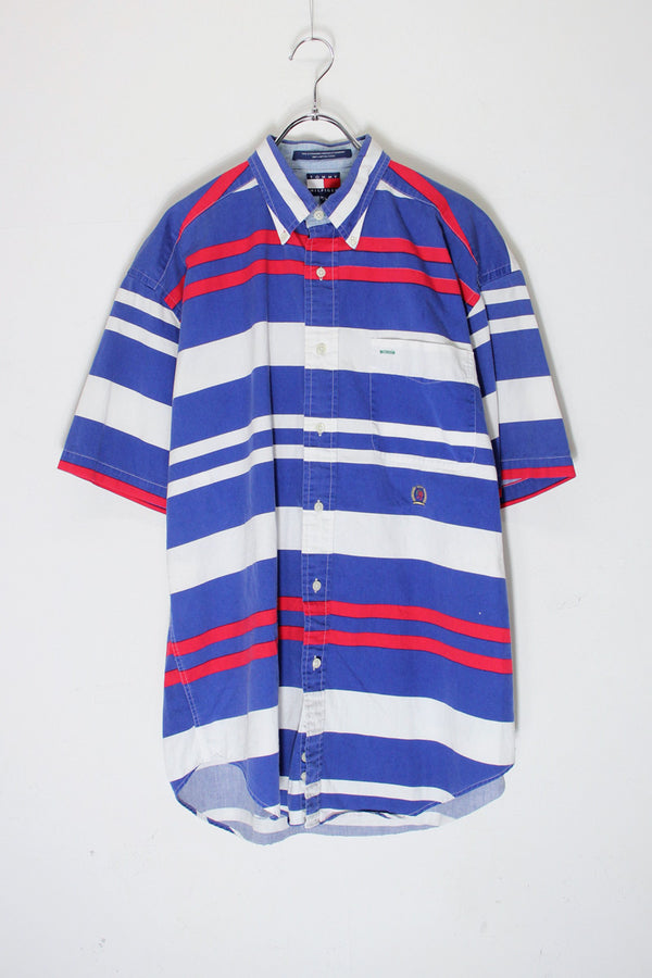90'S S/S COTTON BORDER SHIRT / BLUE/WHITE/RED [SIZE: M USED]