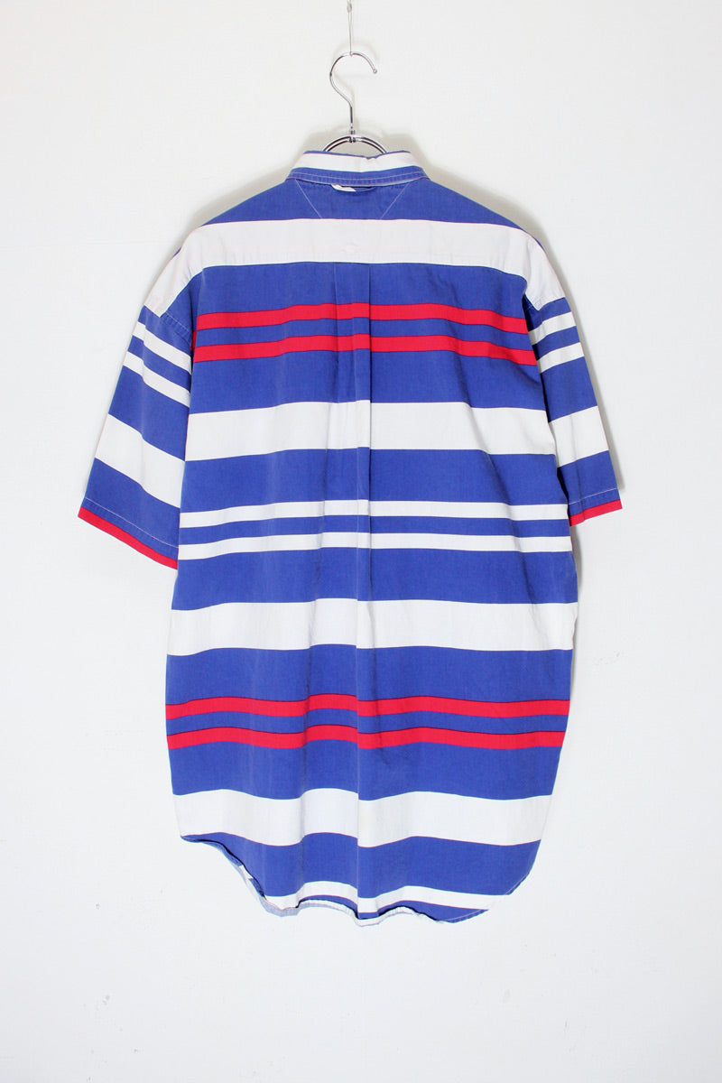 90'S S/S COTTON BORDER SHIRT / BLUE/WHITE/RED [SIZE: M USED]
