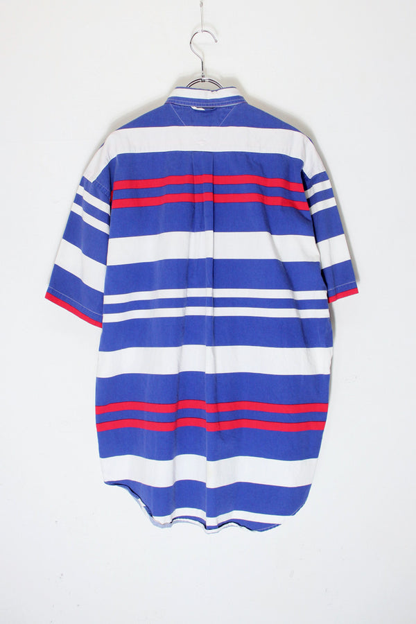 90'S S/S COTTON BORDER SHIRT / BLUE/WHITE/RED [SIZE: M USED]