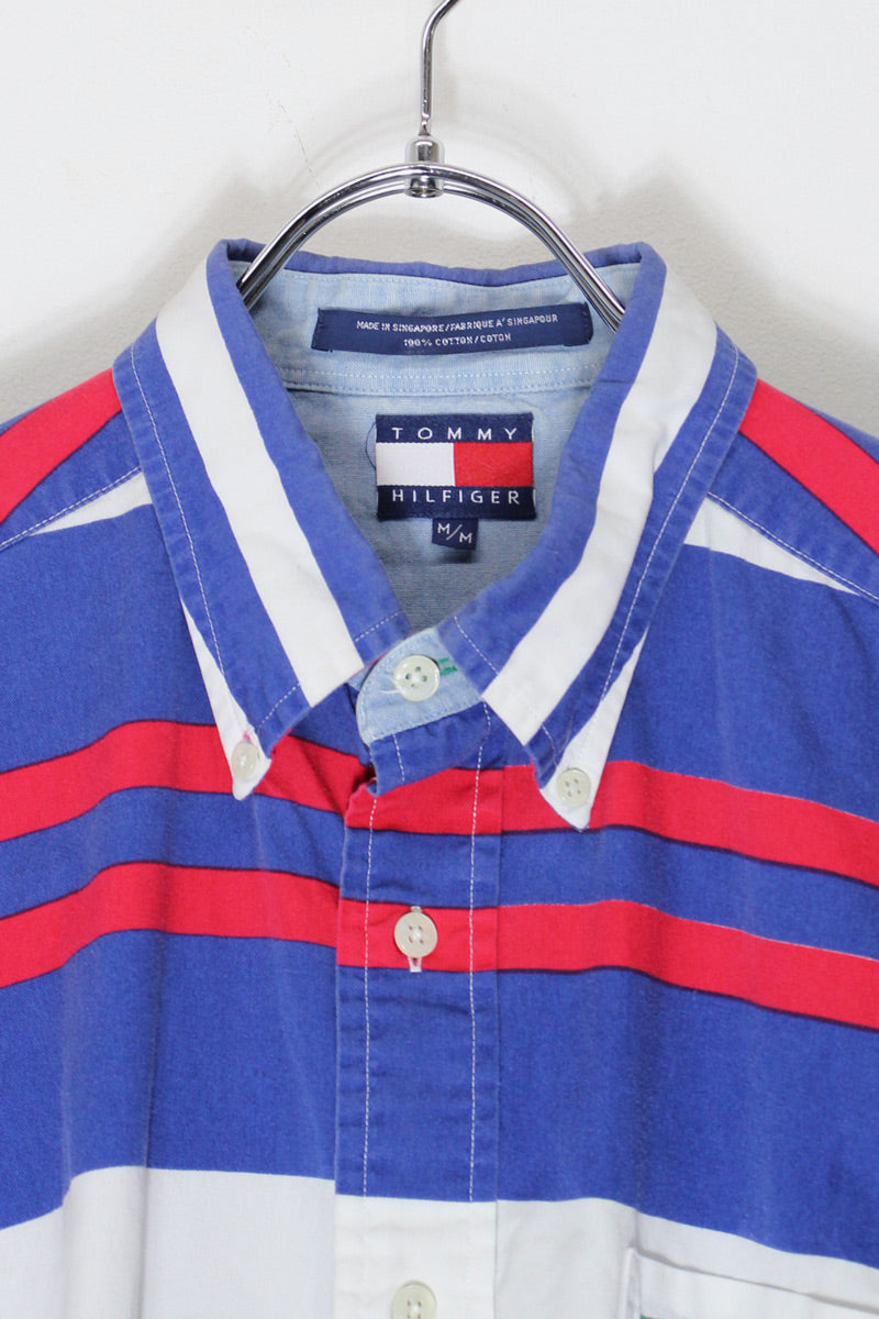 90'S S/S COTTON BORDER SHIRT / BLUE/WHITE/RED [SIZE: M USED]