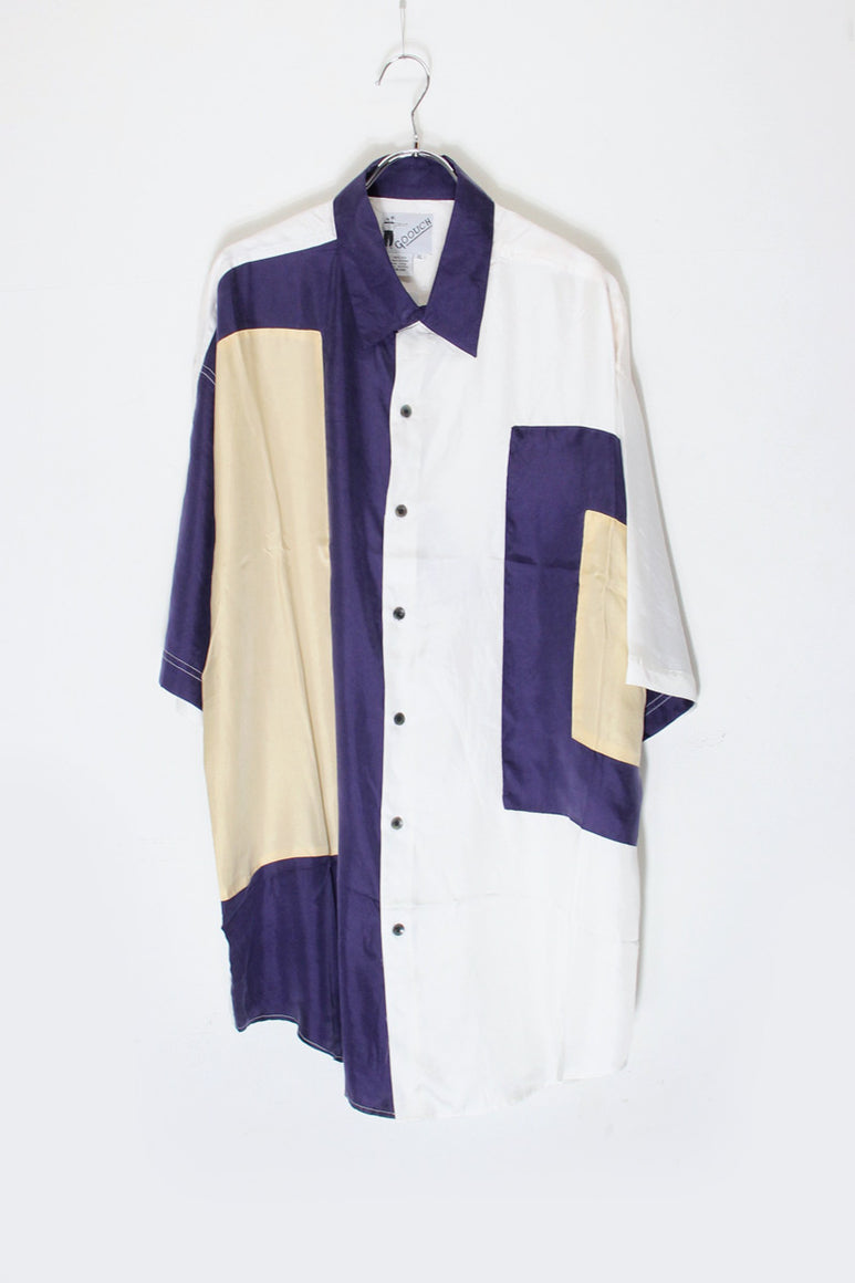 90'S S/S COLOR BLOCK SILK SHIRT / PURPLE/GOLD/WHITE [SIZE: XL DEADSTOCK/NOS]