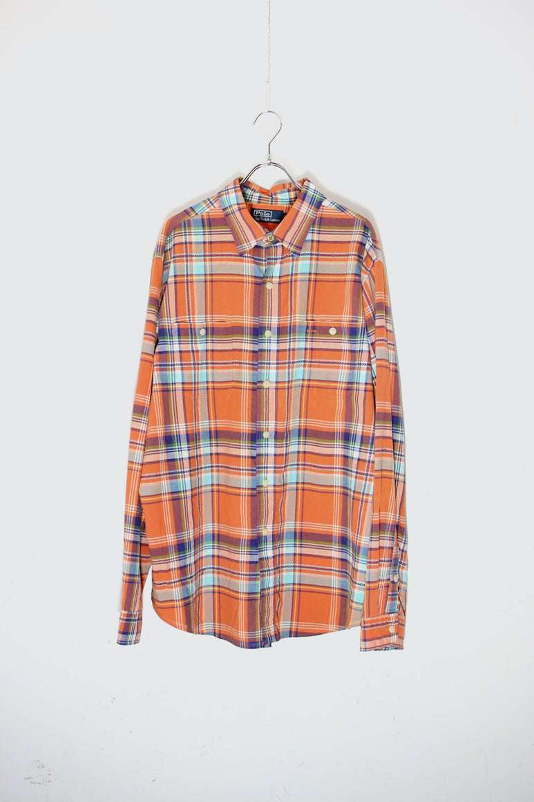 90'S L/S CHECK SHIRT / ORANGE [SIZE: XL USED]