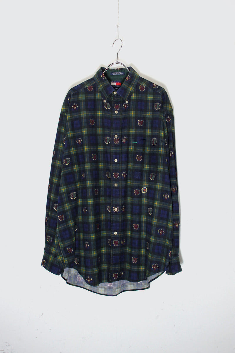 90'S L/S EMBLEM CHECK BD CORDUROY SHIRT / BLACK WATCH [SIZE: M USED]