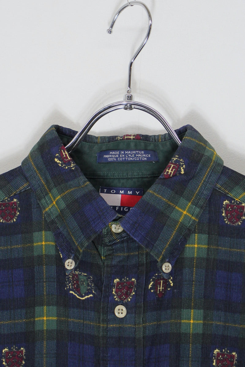 90'S L/S EMBLEM CHECK BD CORDUROY SHIRT / BLACK WATCH [SIZE: M USED]