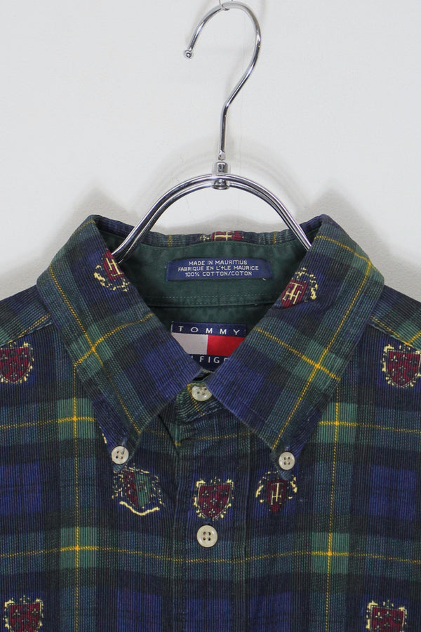 90'S L/S EMBLEM CHECK BD CORDUROY SHIRT / BLACK WATCH [SIZE: M USED]