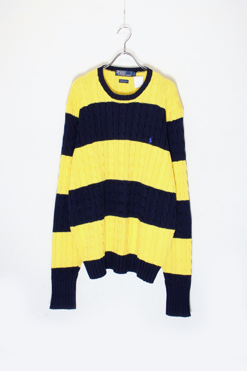 90'S CABLE BORDER COTTON KNIT SWEATER / YELLOW / NAVY [ SIZE: L USED ]