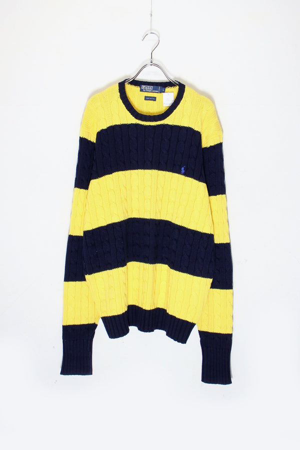 90'S CABLE BORDER COTTON KNIT SWEATER / YELLOW / NAVY [ SIZE: L USED ]
