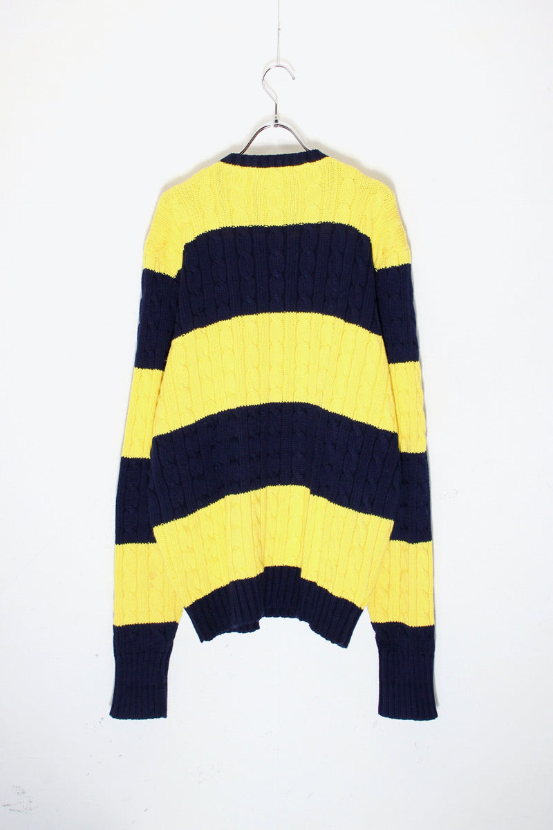 90'S CABLE BORDER COTTON KNIT SWEATER / YELLOW / NAVY [ SIZE: L USED ]
